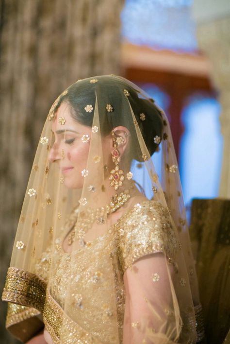 Golden lehenga| veil| gotta work| indian weddings| indian bride Call Husband, Golden Lehenga, Bengali Bride, Gotta Work, Wedding Bridal Veils, Veil Wedding, South Asian Wedding, Wedding Fashion, South Asian