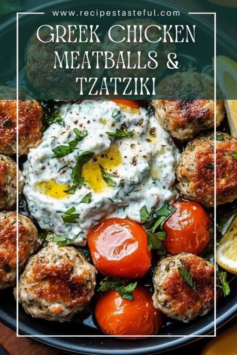 Delight in these Mediterranean-inspired Greek chicken meatballs, perfectly paired with a creamy homemade tzatziki. Ideal for salads, pita wraps, or as a standalone appetizer! Appetizer Ground Beef, Greek Chicken Meatballs, Greek Meatballs Recipe, Beef Recipes Summer, Mediterranean Meatballs, Crockpot Ground Beef Recipes, Pita Wraps, Crockpot Ground Beef, Ground Beef Recipes Crockpot