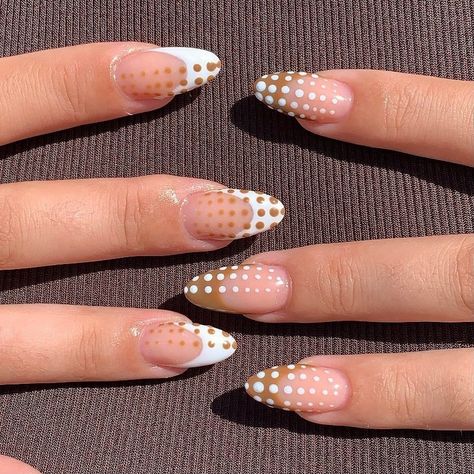 Almond Polka Dot Nails, Simple Dot Nail Designs, French Tip Dot Nails, French Manicure With Polka Dots, Polka Dot French Nails, Almond Nails With Dots, French Tip Polka Dot Nails, Pattern French Tip Nails, Nails Dots Designs