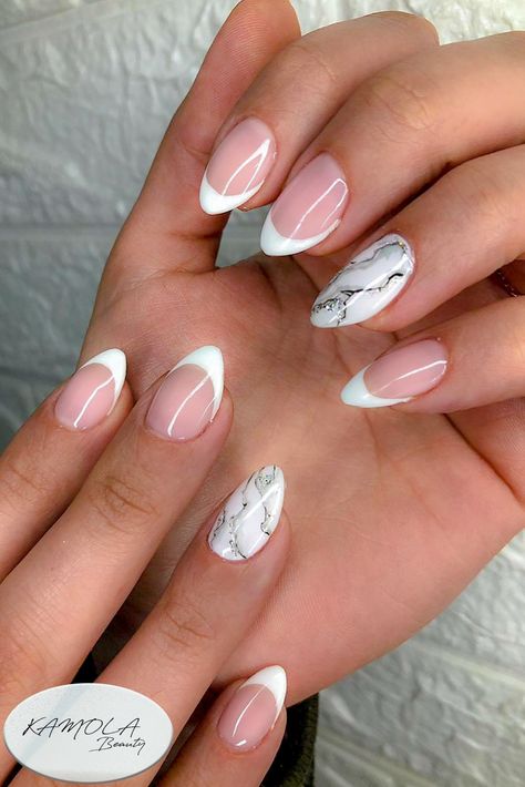 French Gel Polish on natural nails with a marble design Short Natural Nails Oval, French Nails With Marble Design, Marble And French Nails, Marble Nails With French Tip, French Tip Nails Marble, French Marble Nails, Marble French Tip Nails, French Gel Polish, Marble French Nails