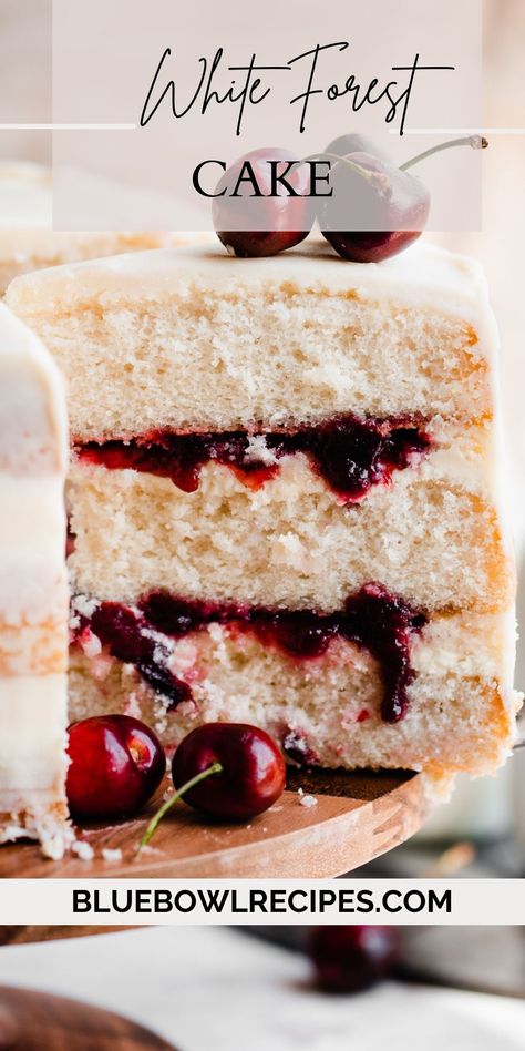 White Forest Cupcakes, Cherry Cheesecake Birthday Cake, Cake Layer Filling Recipes, Cherry Almond Cake Recipe, January Cake Flavors, White Chocolate Cherry Cake, Beautiful Cake Ideas, Strawberry White Chocolate Cake, Fancy Cake Flavors