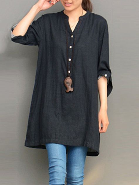 ZANZEA Casaul Loose V-neck Buttons Long Sleeve Women Blouses Tunik Linen, Linen Tunic Shirt, Design Kurta, Long Sleeve Denim Shirt, Maxi Tops, Designer Kurtis, Linen Tunic, Stylish Dress Designs, Plus Size Kleidung