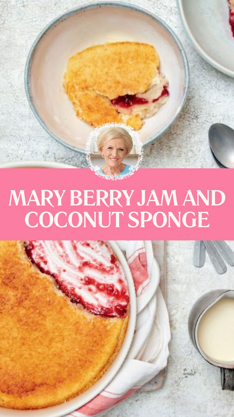 Mary Berry Jam And Coconut Sponge Mary Berry Meringue, Mary Berry Desserts, Mary Berry Baking, Snacking Cakes, British Food Traditional, Mary Berry Recipes, New Desserts, Berry Dessert Recipes, Mary Berry Recipe