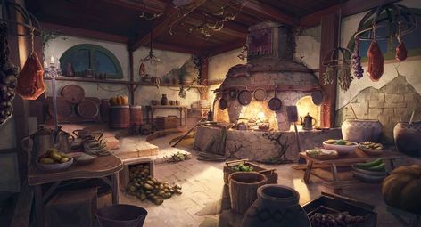 ArtStation - Pol's Kitchen - Belgariad, Paulo Loveranes Galamgam Fantasy Kitchen, Interior Concept Art, Fantasy Rooms, Amazing Artwork, Fantasy House, Fantasy City, Fantasy Castle, Fantasy Setting, Fantasy Places