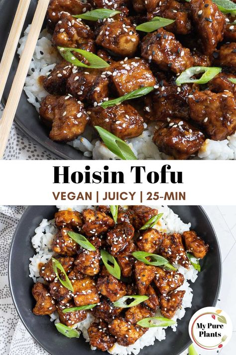 This easy-to-make hoisin tofu packs sweet and savory flavors and a crispy, sticky texture so good your family will think you ordered takeout! This delicious recipe comes together in just 25 minutes using simple pantry staples. The tofu is hand-torn and then pan-fried, giving it a soft and tender inside and a crispy, crunchy outside! Hoisin Tofu Stir Fry, Tofu Hoisin Sauce, Hoisin Sauce Recipe Dishes, Soft Tofu Recipes, Crispy Tofu Recipes, Tempeh Recipes Vegan, Tofu Patties, Tofu Ideas, Hoisin Tofu