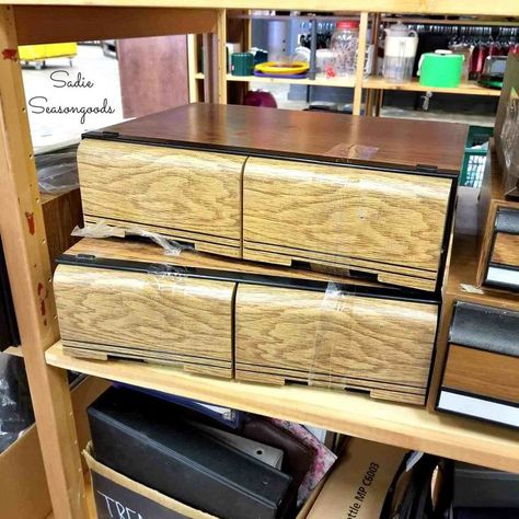 MIND. BLOWN. This is an AMAZING upcycling idea using those old VHS tape drawers (or cassette tape storage cases) that are literally at every single thrift store. The final result is seriously SO COOL and looks like it came from Restoration Hardware or some funky cool industrial vintage store. Awesome repurpose DIY project from Sadie Seasongoods / www.sadieseasongoods.com #upcycled #industrialdecor #industrialfurniture #repurposedfurniture #repurposed Vhs Storage, Repurpose Diy, Industrial Bedside Tables, Cassette Tape Storage, Mosaic Stepping Stone, Tape Storage, Industrial Side Table, Treasure Crafts, Upcycling Ideas