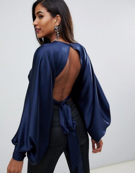 Blouson Top With Open Back, $103 Open Back Top Outfit, Backless Shirt Outfit, Open Back Outfit, Open Back Tops, Winter Outfits 2019, Open Back Blouse, Open Back Shirt, Backless Shirt, Spring Date