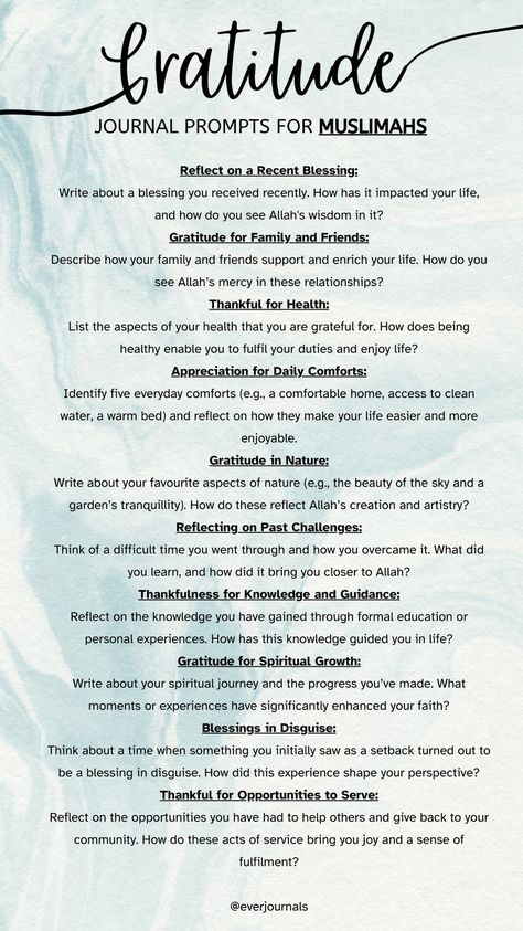 Enhance your spiritual journey with these 10 Islamic gratitude journal prompts! Reflect on Allah's blessings and cultivate a thankful heart. Perfect for daily journaling and finding peace through gratitude.

#IslamicGratitude #JournalPrompts #SpiritualGrowth #Faith #MuslimMindfulness #GratitudeJournal #IslamicInspiration #DailyReflection #InnerPeace #Thankfulness Gratitude Journaling Prompts, Islamic Journal Prompts, Islamic Journaling, Islam Journal, Islamic Journal, Gratitude Prompts, Daily Journaling, Gratitude Journal Prompts, Thankful Heart