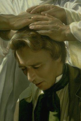 Detail of Liz Lemon Swindle's depiction of the restoration of the Melchizedek Priesthood. Liz Lemon Swindle, Melchizedek Priesthood, Lds Pictures, Lds Church History, Lds Artwork, Lds Seminary, Faith Based Art, Liz Lemon, Religious Artwork