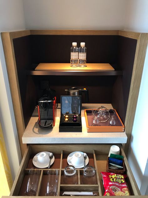 The Hotel Life: Andaz Singapore City View Deluxe King Room Review Hotel Room Coffee Bar, Coffee Bar Hotel Room, Hotel Room Coffee Station, Mini Bar Hotel, Hotel Coffee Station, Andaz Singapore, Hotel Minibar, King Room, Coffee Cabinet