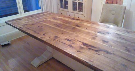 I've been working on making over my kitchen cabinets for some time now, and I've made it to the part of my renovation where it was time to tackle the kitchen is… Dining Room Table Redo, Fusion Paint Furniture, Custom Farmhouse Table, Dark Wood Dining Table, Large Dining Room Table, Butcher Block Tables, Table For Christmas, Trestle Tables, Nook Table