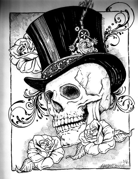 Top hat, skull and roses w/ some steampunk infusion - pen & ink by Wendell Cisco Top Hat Tattoo, Top Hat Drawing, Drawing Snake, Plants Drawings, Drawings Vintage, Drawing Roses, Draw Rose, Girly Skull, Rose Ideas