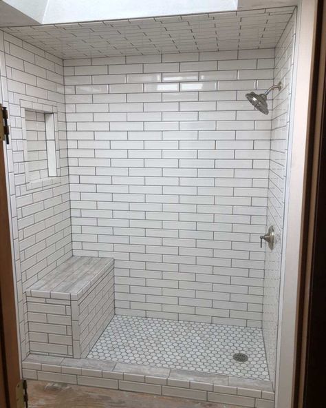 SUBWAY TILE SHOWER • Bathroom Remodeling |A+ Home Improvements Tile Shower With Bench, Shower With Bench, Master Shower Tile, White Subway Tile Shower, Tub To Shower Conversion, Subway Tile Showers, Subway Tiles Bathroom, Full Bathroom Remodel, Bathroom Shower Walls