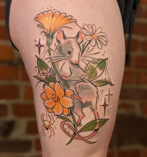 Amanda Martin on Instagram: "So so happy with this sweet rat babe! Thank you so much for coming in last minute Heather. I had an absolute blast and cannot wait to see this healed. 💛💚❤️ #rattattoo #colourtattoo #cutetattoo #animaltattoo #industryink #goodguysupply #illustrativetattoo #torontotattooartists #torontoink" Realistic Mouse Tattoo, Rat In A Cage Tattoo, Year Of The Rat Tattoo, Mouse Tattoo Cute, Cute Rats Drawing, Tattoos For Animal Lovers, Cute Rat Tattoo, Mouse Tattoo Design, Rat Tattoo Design