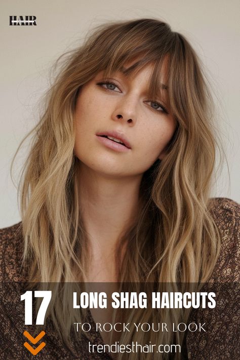 For a truly bohemian style, a long shag with a full fringe creates a dramatic yet relaxed look. This cut is perfect for those who love a free-spirited vibe and want a hairstyle with a bit of wildness. Boho Shag Haircut, Shag With Fringe, Wild Haircut, Skunk Hair, Full Fringe, Long Shag Haircut, Long Shag, A Hairstyle, Layers And Bangs