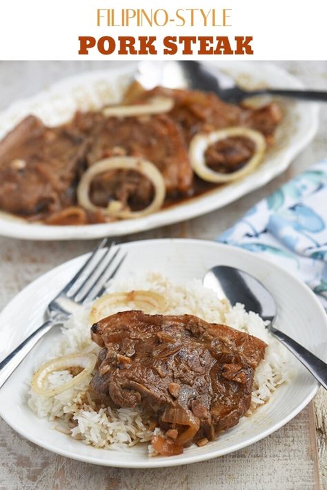 Pork Bistek is a delicious take on the classic Filipino beefsteak. With tender pork chops and a tangy and savory sauce, it's sure to be a family favorite. Pork Steak Filipino Style, Pork Steak And Rice Recipes, Pork Steak Recipes Filipino, Filipino Bistek Recipe, Pork Chop Filipino Recipe, Pork Bistek, Pork Steak Recipes, Filipino Ulam, Chop Steak