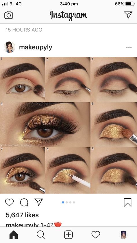 Gold Dress Makeup, Gold And Brown Eye Makeup, Eyeshadow Tutorial Step By Step, Gold Eyeshadow Tutorial, Gold Eyeshadow Looks, Smokey Eye Makeup Steps, Gold Eye Makeup Tutorial, Eye Makeup Cut Crease, Gold Eyeliner