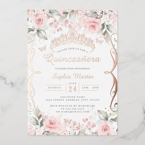 More Pretty Quinceanera Party Invitations in the Little Bayleigh Store! Pink And Gold Invitation Quinceanera, Pink And Gold Quinceanera Invitations, Quince Invitations Rose Gold, Blush Pink Quinceanera Invitations, 15 Invitations Ideas Pink, Quince Ideas Themes Pink, Quince Invite Template, Blush Pink Quinceanera Decorations, Pink Invitations Quinceanera