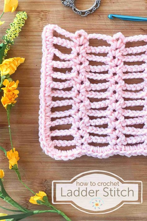 How to Crochet: Ladder Stitch | Crochet Video Tutorial for Beginners | Stitch Explorer Series – Stardust Gold Crochet Ladder Crochet Stitch, Ladder Stitch Crochet, Crochet Ladder Stitch, Crochet Mesh Stitches, Gold Crochet, Glass Menagerie, Beginner Crochet Tutorial, Crochet Rug Patterns, Yarn Craft