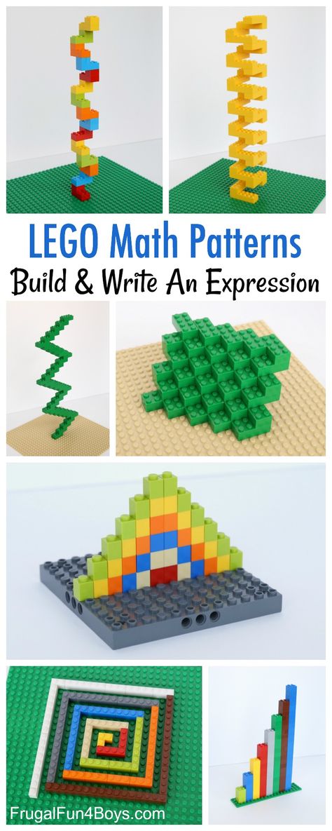 LEGO Math Patterns - Build awesome geometric patterns, and come up with a math expression.  Awesome LEGO STEM challenge. Lego Stem Challenge, Lego Stem, Lego Math, Lego Challenge, Math Patterns, Lego Education, Lego Club, Lego Activities, Stem Challenge