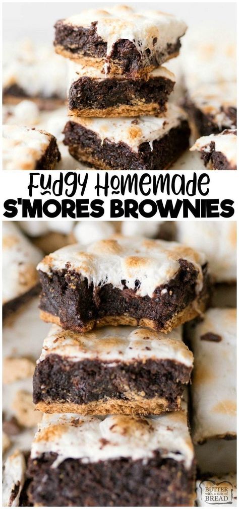 S'mores Brownies are a fun twist on the classic brownie recipe. Graham Crackers topped with fudgey homemade brownies and toasted marshmallows! Two favorites combine in this delicious brownie recipe! #brownies #smores #marshmallow #chocolate #baking #dessert #recipe from BUTTER WITH A SIDE OF BREAD Brownies Smores, Recipe Brownies, Classic Brownies Recipe, Dessert Crepes, Marshmallow Chocolate, Dessert Halloween, Cheesecake Brownie, Best Brownie Recipe, Delicious Brownies