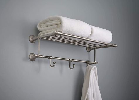 Delta Faucet HEXTN32-BN 24" Towel Rack Shelf with 3 Hooks Bath Hardware Accessory, Spotshield Brushed Nickel - - AmazonSmile Store Towels, Brushed Nickel Faucet, Small Bathroom Organization, Bathroom Necessities, Towel Shelf, Bathroom Organization Diy, House Updates, Towel Organization, Bathroom Redesign