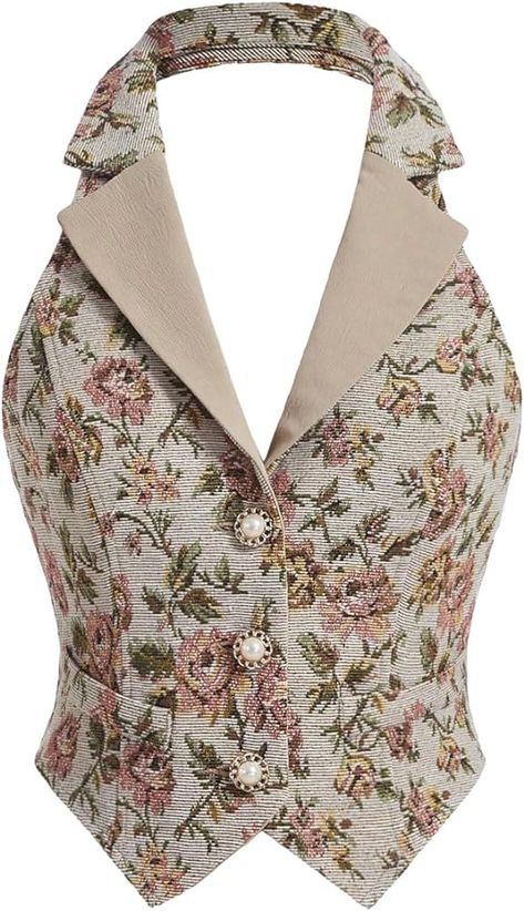 Verdusa Women's Floral Print Button Front Collar V Neck Halter Top Vintage Vest | Amazon (US) Botanical Print Vest, Green Floral Vest Taregt, Vintage Sleeveless Vest With Floral Embroidery, Floral Print V-neck Halter Top For Summer, V Neck Halter Top, Wild West Outfits, Vintage Floral Print Sleeveless Vest, Halter Vest, Vintage Vest