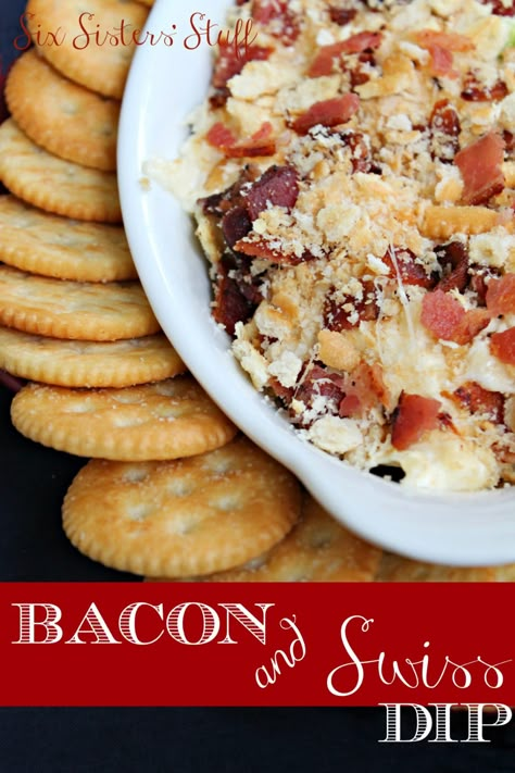 Hot Bacon Swiss Dip, Hot Bacon And Swiss Dip, Addicting Recipes, Swiss Dip, Swiss Cheese Dip, Savory Dips, Bacon Dip, Six Sisters Stuff, Favorite Dips