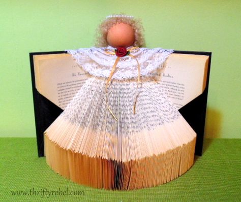 how to make a book angel, christmas decorations, crafts, how to, seasonal holiday decor Book Folding Angel How To Make, Styrofoam Ball Crafts, Book Angel, Christmas Angel Crafts, Book Art Projects, Make A Book, Penanda Buku, Book Wall Art, Recycled Book