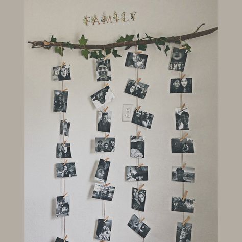 Photos On Wire Hanging, Twine Hanging Pictures, Pictures On Twine Clothespins, Branch Photo Hanger, Clothes Line Picture Display, Twine Photo Display Clothespins, Twine And Clothes Pins Photo Displays, Twine Picture Display, Twig Art Diy Wall Hangings