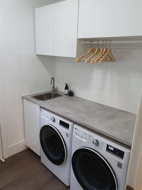 Concrete Benchtop Laundry, Loundry Small Room Ikea, Concrete Laundry Room, Ikea Laundry, Ikea Laundry Room, Utility Room Designs, Laundry Makeover, Laundry Nook, Laundry Chute