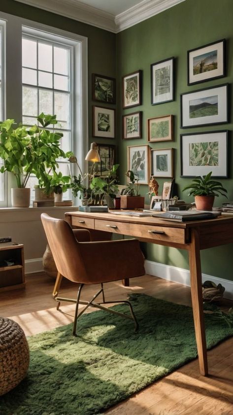 Home Office Pink And Green, Bohemian Office Design, Sage Green Office Decor, Earthy Office Space, Sage Green Home Office, Green Study Aesthetic, Earth Tone Office, Green Desk Aesthetic, Cozy Office Space At Home