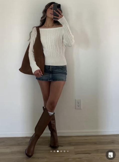 Winter Sweater And Skirt Outfit, Boots Fall 2024 Outfit, Fall Outfit Mini Skirt, Fall Mini Skirt Outfits With Boots, Sweater Skirt And Boots Outfit, Denim Skirt Mini Outfit, Fall Frye Boots Outfits, Demin Mini Skirt Outfits, Fall Outfit Denim Skirt