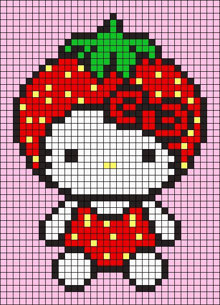 Easy Pixel Art Hello Kitty, Strawberry Shortcake Alpha Pattern, Strawberry Shortcake Pixel Art, Cute Tapestry, Sanrio Pattern, Miffy Alpha Pattern, Alpha Patterns Sanrio, Strawberry Alpha Pattern, Hello Kitty Alpha Pattern