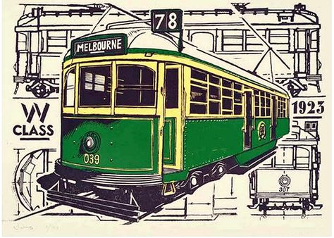 W Class tram, Melbourne, Australia Melbourne Tram, Perspective View, London Transport, Relief Print, Vintage Graphic Design, Printing Ink, 3d Modelling, Work Inspiration, Block Printing