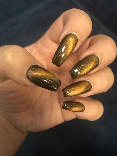 Cats eye nails... i had this done for our trip to breckenridge for aspen viewing. Perfect fall color for these fashion nails Gold Cateye Nails, Cateye Nailart, Cat Eye Nails Polish, Eye Nail Art, Homecoming Nails, Nail Swag, Cat Nails, Cat Eye Nails, Summer Acrylic Nails