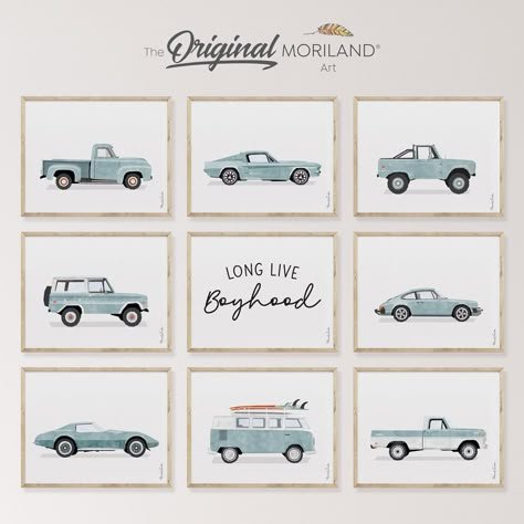 MORILAND - Printable Transportation Nursery Art Sets Dusty Blue Board And Batten Wall, Car Nursery Decor, Car Themed Playroom, Toddler Boy Wall Art, Old Car Nursery Theme, Vintage Cars Nursery, Car Themed Nursery Vintage, Vintage Race Car Nursery, Classic Car Nursery