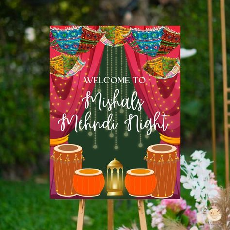 Welcome your guests with this beautiful and colorful Mehndi Welcome Sign!! Head over to Etsy to purchase @FullahPrints 💚 Mehndi Home Decor, Mehndi Welcome Board, Mehndi Entrance, Mehndi Signs, Mehndi Sign, Entrance Signs, Mehndi Night, Indian Wedding Ideas, Mehndi Decor