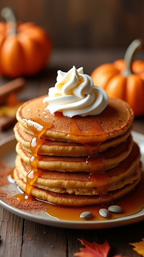 Pumpkin Pancakes with Maple Syrup and Whipped Cream Pumpkin Pancakes With Cinnamon Butter, Spiced Pumpkin Cinnamon Roll Pancakes, Pancakes Pumpkin, Luke’s Pumpkin Pancakes, Fluffy Pumpkin Pancakes, Luke’s Pumpkin Pancakes With Cinnamon Butter, Recipe For Breakfast, Pancake Toppings, Perfect Pancakes