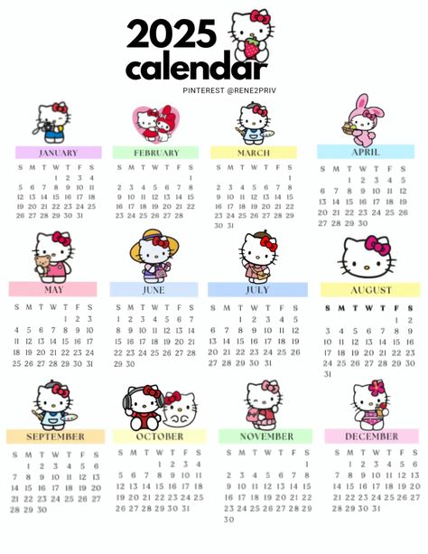 Updated 2025 Sanrio Hello Kitty Calendar Hello Kitty 2025 Calendar, Kalender Aesthetic, Hello Kitty Planner, Hello Kitty Calendar, Vowel Chart, Aesthetic Sanrio, Pelo Cafe, Diy Hello Kitty, Hello Kitty Crafts