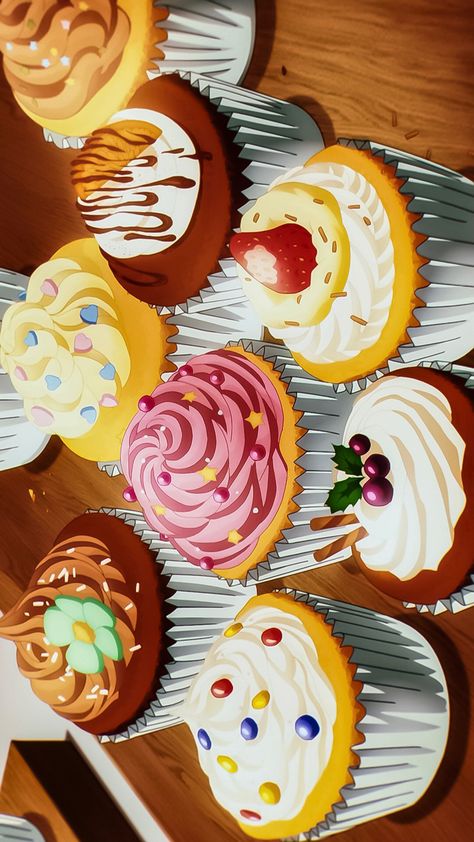 Anime Cupcakes Aesthetic, Anime Food Desserts, Anime Desserts Aesthetic, Anime Cupcakes, Anime Desserts, Cupcakes Wallpaper, Wallpaper Food, Food Cupcakes, Anime Foods