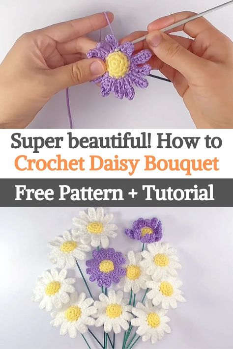 Amigurumi Daisy Flower, Free Patterns For Crochet Flowers, How To Crochet A Bouquet Of Flowers, Crochet Mini Bouquet Free Pattern, Amigurumi Flower Bouquet, Crochet Bouquet Free Pattern, Crochet Flower Daisy, Crochet Daisy Flower Free Pattern, Simple Crochet Flowers Free Pattern