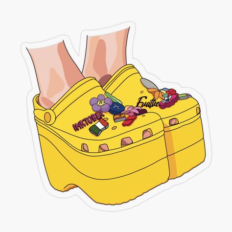 Fruit-Tee... Redbubble sticker, Yellow high heel wedge Croc shoes with accessories. This design is a crazy spin on a fashion statement shoes. These are high heel yellow crosc with detailes pin accessories. Fun and quirky sticker.

#fruittee #funny #puns #funnystickers #stickers #sticker #crocs #crocstickers #crocsandsocks #yellowcrocs #colorcrocs #funsticker #redbubble #redbubblestickers #redbubbletsticker #stickerdesign #fun #playful #fashionsticker #funstickers #laptopstickers High Heel Crocs, Heel Crocs, Yellow Crocs, Yellow High Heels, Croc Shoes, Crazy Fashion, Pin Accessories, Red Bubble Stickers, Statement Shoes