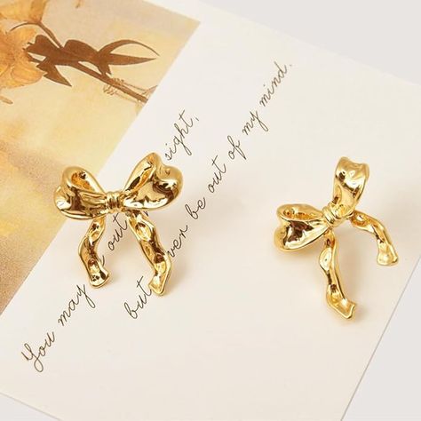 Gold Silvery Bow Earrings for Women Classic Ribbon Bow Stud Earrings Cute Bowknot Earrings Gift Gold Ribbon Earrings, Cute Bow Earrings, Bow Gold Earrings, Bow Earrings Gold, Gold Bow Earrings, Bow Earring, Collection Aesthetic, Ribbon Earrings, Golden Bow