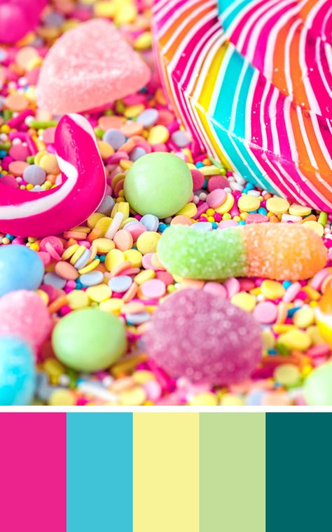 I want candy! And a delicious color palette that's bright, but practical with a few muted shades and a dark to balance it out. Candy Color Palette, Color Scheme, Color Palette, Candy, Yellow, Green, Pink, Blue, Color