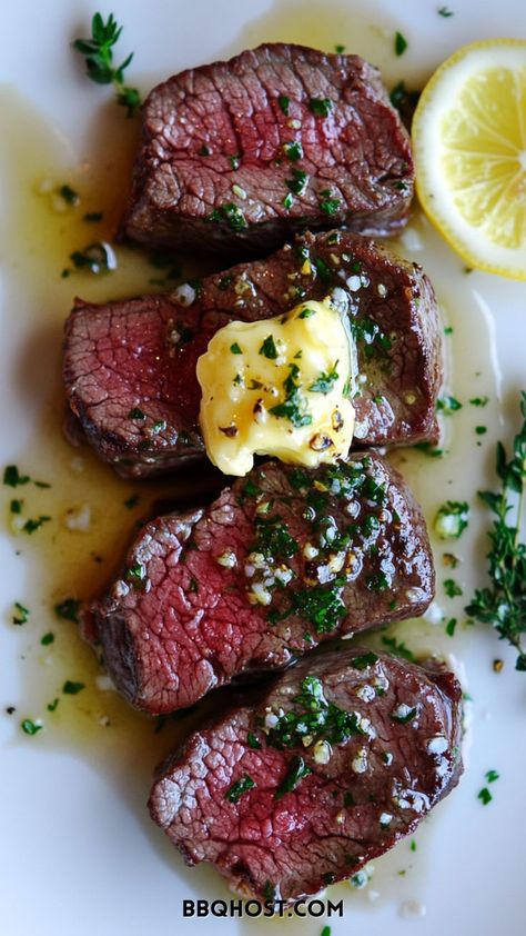 Achieve perfect results every time with Sous Vide Beef Tenderloin With Lemon-Parsley Butter! Evenly cooked, tender, and full of flavor, it’s the ultimate beef tenderloin recipe for your Christmas dinner. Save it now for your party menu and click through for more recipes! Beef Tenderloin Sous Vide, Sous Vide Beef Tenderloin, Slow Roasted Beef Tenderloin, Sous Vide Steak Recipe, Party Main Course, Sous Vide Beef, Beef Tenderloin Recipe, Parsley Butter, Good Steak Recipes