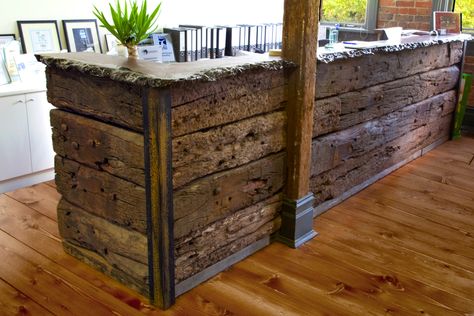 Reclaimed railway sleeper bar Preschool Environments, Rustic Country Furniture, Outdoor Preschool, Farm Office, Wood Reception Desk, Rustic Reception, Railway Sleepers, Barn Parties, Recycle Timber