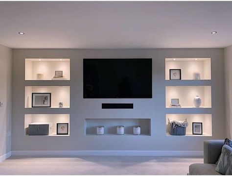 Tv Wall With Built In Shelves, Media Wall Shelving Ideas, Media Wall Ideas Without Fireplace, Media Wall Ideas, Television Room, Tv Shelving, Man Home Decor, Cinema Wall, Ruang Tv