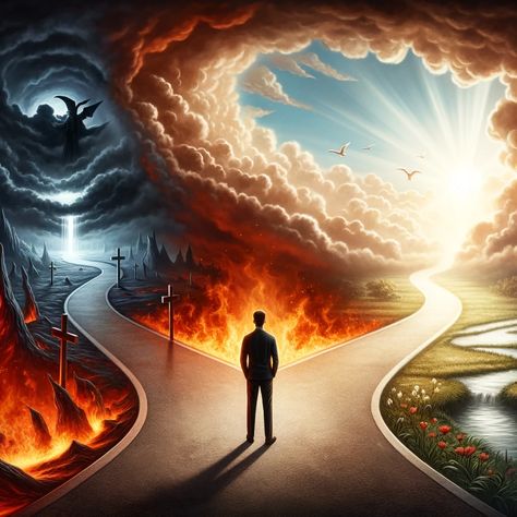 A person standing at a crossroads, looking towards the left where there is a dramatic, fiery landscape representing hell, with dark skies and ominous flames. To the right, a serene and beautiful depiction of heaven, with bright light, peaceful clouds, and a sense of tranquility. The person appears contemplative, symbolizing the choice between good and evil. The scene is detailed and visually striking, capturing the stark contrast between the two paths. Christian Background Images, Jesus Love Images, Heaven Images, Path To Heaven, Jesus Background, Jesus Artwork, Christian Backgrounds, Jesus Christ Artwork, Cool Pictures For Wallpaper