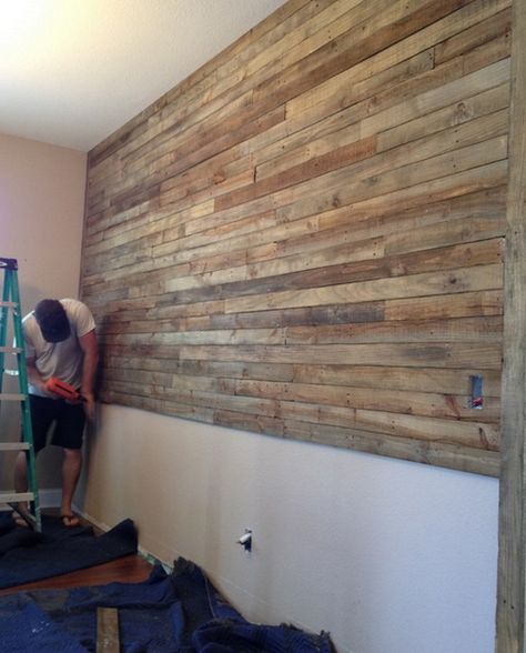 Pallet Wall Project | The Owner-Builder Network Diy Pallet Wall, Pallet Wall, Walnut Stain, Pallet Projects, Pallet Furniture, My New Room, Pallet Diy, 인테리어 디자인, Wood Pallets